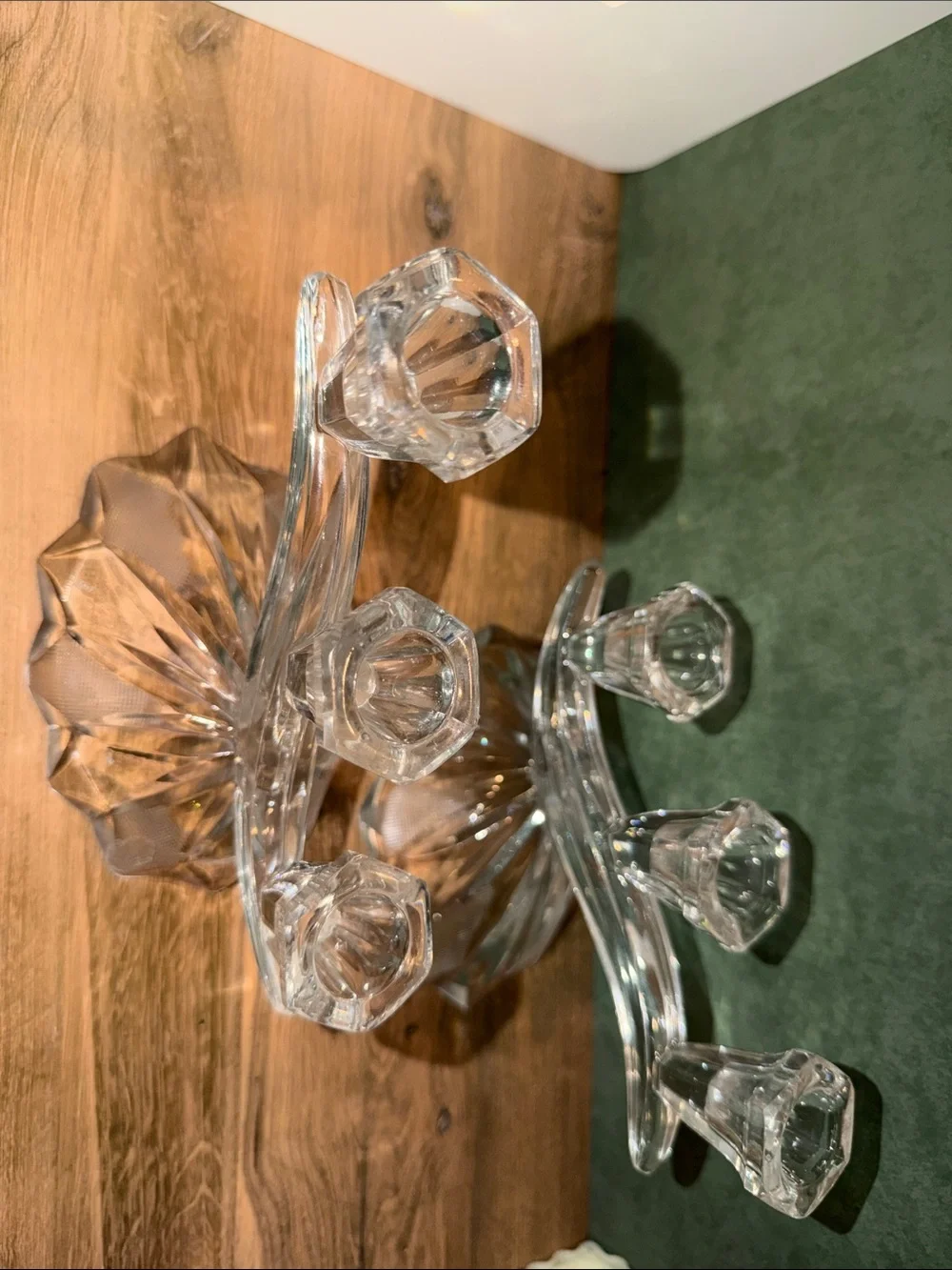 Vintage Crystal 3 Arm Candle Holder - Clear Glass set of two